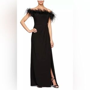 Alex Evenings Black Feather Trimmed Off the Shoulder Gown Dress Size 20 $239